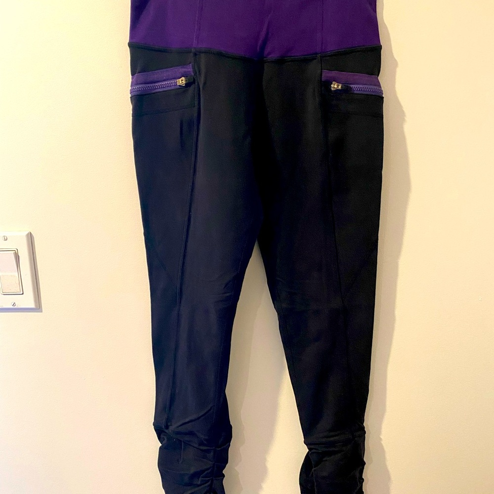 Lululemon Black & Purple with Zippers Full Length Leggings Sz. 4 EUC